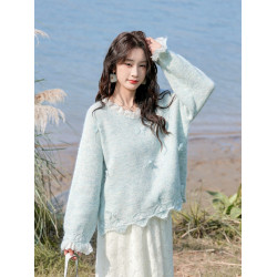 白漉 甜美蕾絲拼接蝴蝶結藍色毛衣2025春秋新款韓版軟糯針織衫