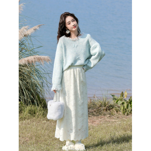 白漉 甜美蕾絲拼接蝴蝶結藍色毛衣2025春秋新款韓版軟糯針織衫 白漉 甜美蕾絲拼接蝴蝶結藍色毛衣2025春秋新款韓版軟糯針織衫