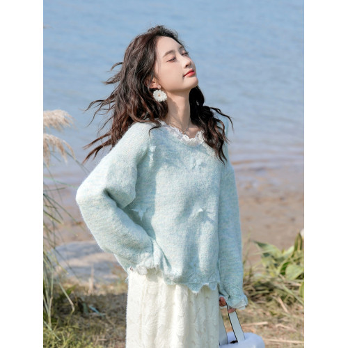 白漉 甜美蕾絲拼接蝴蝶結藍色毛衣2025春秋新款韓版軟糯針織衫 白漉 甜美蕾絲拼接蝴蝶結藍色毛衣2025春秋新款韓版軟糯針織衫