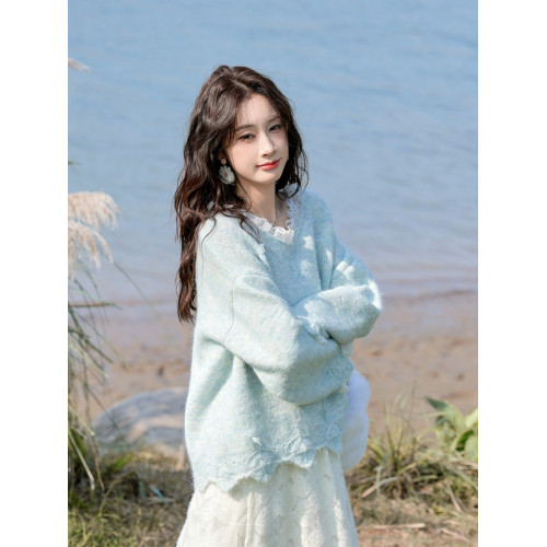 白漉 甜美蕾絲拼接蝴蝶結藍色毛衣2025春秋新款韓版軟糯針織衫 白漉 甜美蕾絲拼接蝴蝶結藍色毛衣2025春秋新款韓版軟糯針織衫