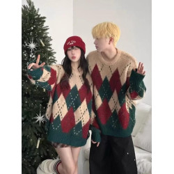2024新款聖誕情侶裝復古菱格毛衣秋冬新年紅色高級感慵懶風針織衫
