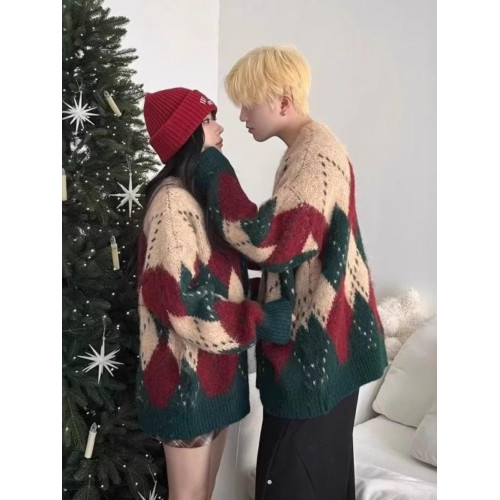 2024新款聖誕情侶裝復古菱格毛衣秋冬新年紅色高級感慵懶風針織衫 2024新款聖誕情侶裝復古菱格毛衣秋冬新年紅色高級感慵懶風針織衫