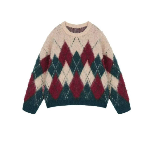 2024新款聖誕情侶裝復古菱格毛衣秋冬新年紅色高級感慵懶風針織衫 2024新款聖誕情侶裝復古菱格毛衣秋冬新年紅色高級感慵懶風針織衫