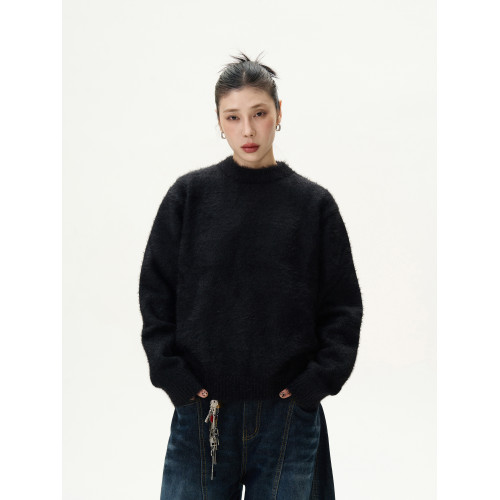 KISKO美式復古純色套頭慵懶毛衣男女秋冬休閒圓領內搭針織衫上衣