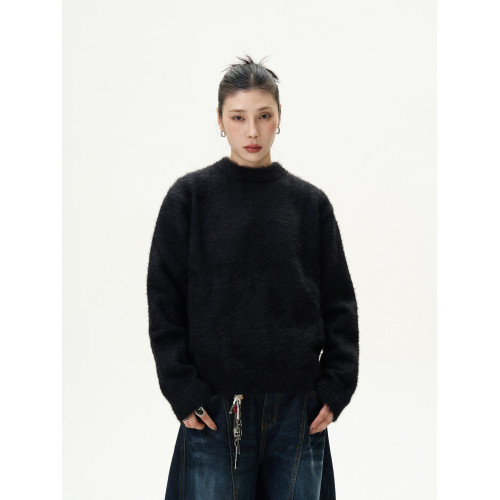 KISKO美式復古純色套頭慵懶毛衣男女秋冬休閒圓領內搭針織衫上衣