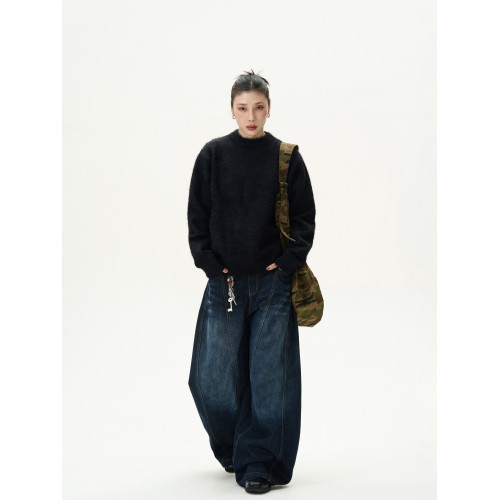 KISKO美式復古純色套頭慵懶毛衣男女秋冬休閒圓領內搭針織衫上衣