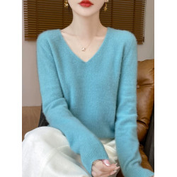 新款韓版V領純羊毛針織衫女長袖毛衣秋冬純色內搭保暖打底衫上衣