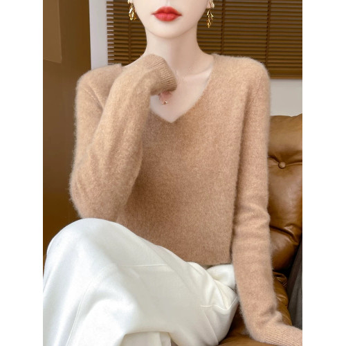 新款韓版V領純羊毛針織衫女長袖毛衣秋冬純色內搭保暖打底衫上衣 新款韓版V領純羊毛針織衫女長袖毛衣秋冬純色內搭保暖打底衫上衣