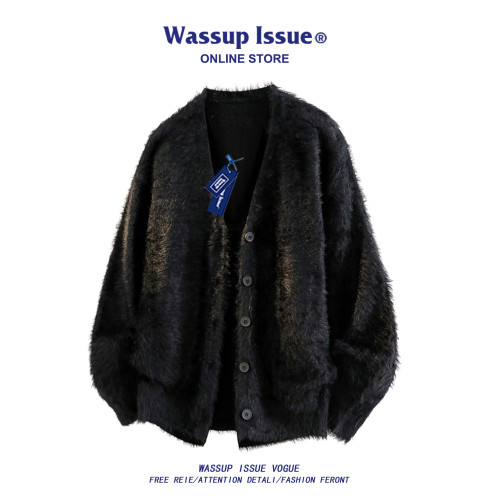 WASSUP ISSUE慵懶風灰色V領仿貂絨針織開衫男春秋寬松毛衣外套女