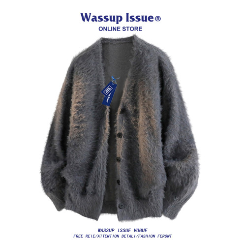 WASSUP ISSUE慵懶風灰色V領仿貂絨針織開衫男春秋寬松毛衣外套女