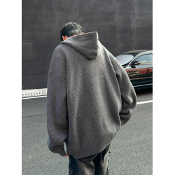 格雷系灰色極簡慵懶連帽開衫毛衣男秋季復古高級感寬松針織衫外套