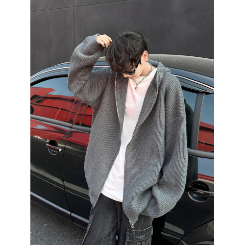 格雷系灰色極簡慵懶連帽開衫毛衣男秋季復古高級感寬松針織衫外套