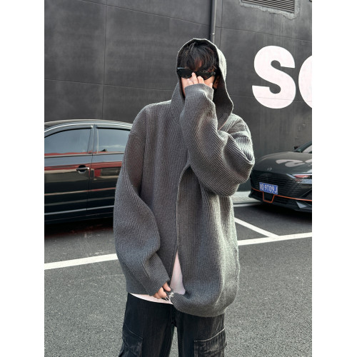 格雷系灰色極簡慵懶連帽開衫毛衣男秋季復古高級感寬松針織衫外套