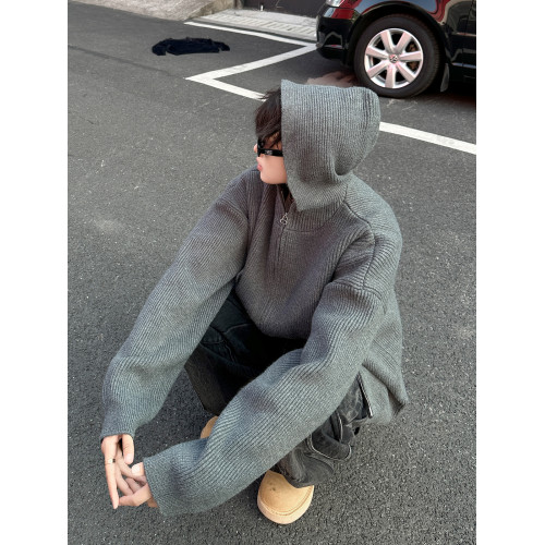 格雷系灰色極簡慵懶連帽開衫毛衣男秋季復古高級感寬松針織衫外套