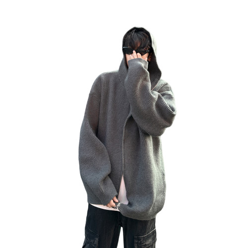 格雷系灰色極簡慵懶連帽開衫毛衣男秋季復古高級感寬松針織衫外套