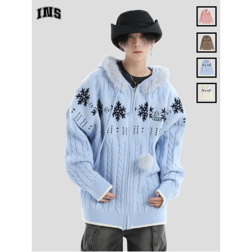 INSstudios 國潮牌情侶美式毛領費爾島毛衣寬松連帽針織開衫外套