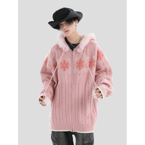 INSstudios 國潮牌情侶美式毛領費爾島毛衣寬松連帽針織開衫外套