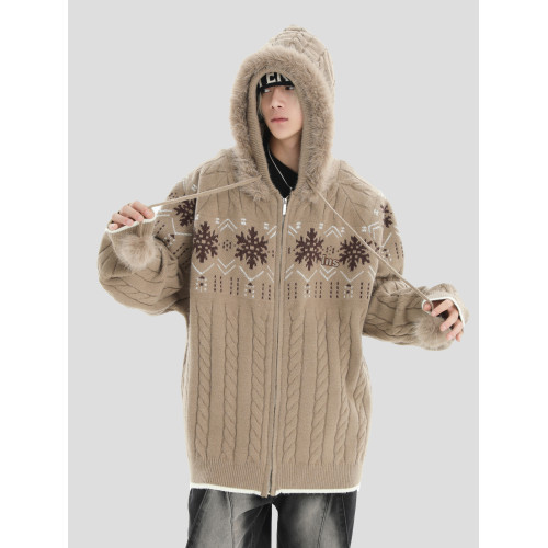 INSstudios 國潮牌情侶美式毛領費爾島毛衣寬松連帽針織開衫外套