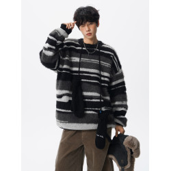 美式馬海毛圓領套頭毛衣男秋冬季新款潮牌寬松慵懶漸變撞色針織衫