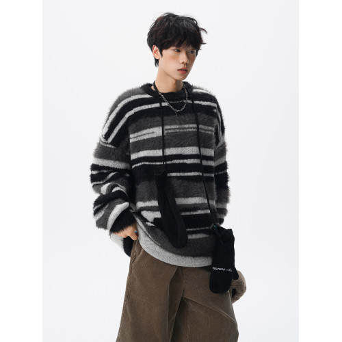 美式馬海毛圓領套頭毛衣男秋冬季新款潮牌寬松慵懶漸變撞色針織衫