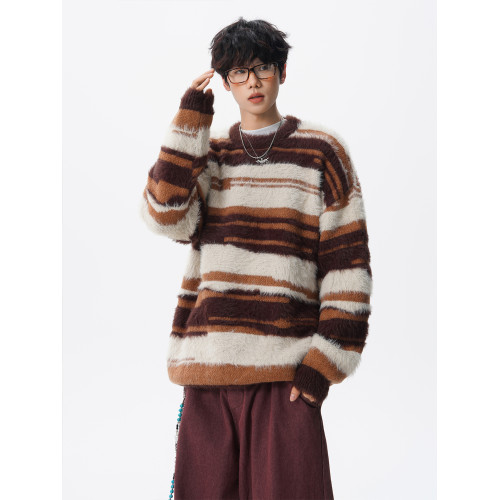 美式馬海毛圓領套頭毛衣男秋冬季新款潮牌寬松慵懶漸變撞色針織衫