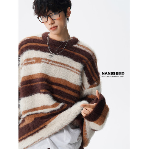 美式馬海毛圓領套頭毛衣男秋冬季新款潮牌寬松慵懶漸變撞色針織衫