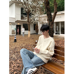 ONELYC1NS破壞風圓領針織毛衣長袖男寬松慵懶純色百搭休閒針織衫