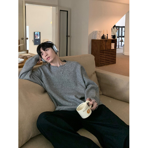 ONELYC1NS破壞風圓領針織毛衣長袖男寬松慵懶純色百搭休閒針織衫