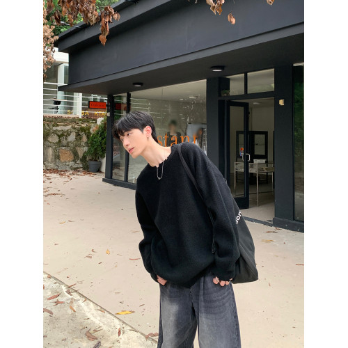 ONELYC1NS破壞風圓領針織毛衣長袖男寬松慵懶純色百搭休閒針織衫