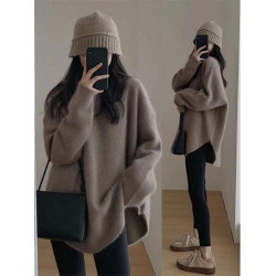 浣熊絨套頭毛衣女秋冬高級感寬松慵懶風中長款羊絨打底針織衫加厚