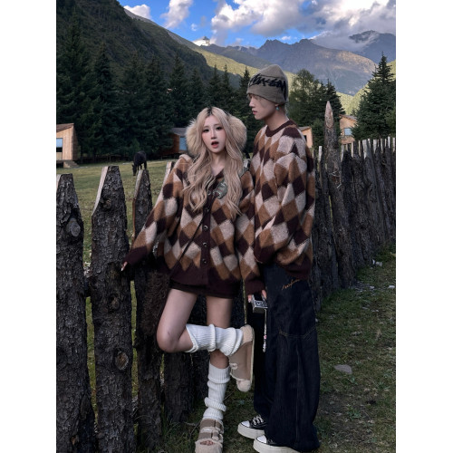 美式復古菱格撞色毛衣男女情侶裝秋冬季2025寬松慵懶風針織衫外套