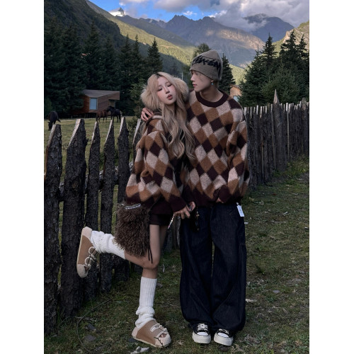 美式復古菱格撞色毛衣男女情侶裝秋冬季2025寬松慵懶風針織衫外套