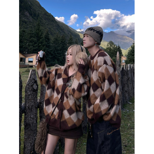 美式復古菱格撞色毛衣男女情侶裝秋冬季2025寬松慵懶風針織衫外套