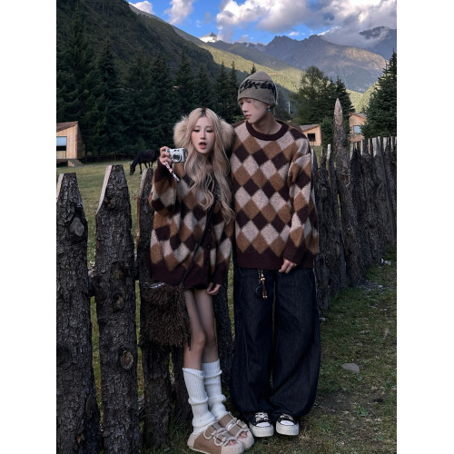 美式復古菱格撞色毛衣男女情侶裝秋冬季2025寬松慵懶風針織衫外套
