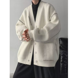 日韓古著慵懶潮流薄款針織衫外套男女insV領簡約寬松外穿開衫毛衣