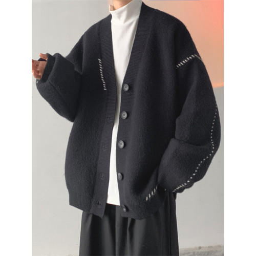 日韓古著慵懶潮流薄款針織衫外套男女insV領簡約寬松外穿開衫毛衣