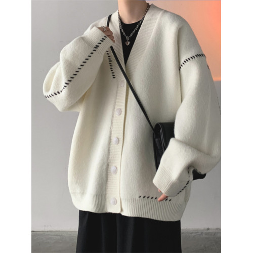 日韓古著慵懶潮流薄款針織衫外套男女insV領簡約寬松外穿開衫毛衣