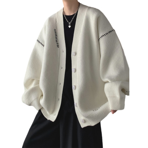 日韓古著慵懶潮流薄款針織衫外套男女insV領簡約寬松外穿開衫毛衣