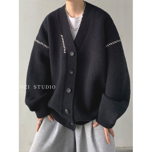 日韓古著慵懶潮流薄款針織衫外套男女insV領簡約寬松外穿開衫毛衣