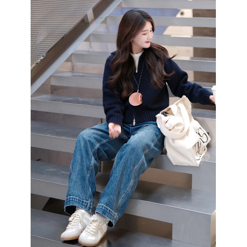 韓系冷淡系藏青色翻領拉鍊開衫毛衣女秋冬季短款休閒百搭針織外套 韓系冷淡系藏青色翻領拉鍊開衫毛衣女秋冬季短款休閒百搭針織外套