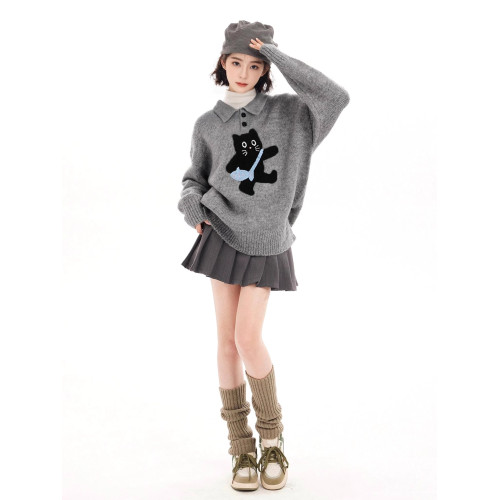 灰色POLO翻領貓咪套頭內搭毛衣女秋冬季加厚寬松慵懶高級感針織衫 灰色POLO翻領貓咪套頭內搭毛衣女秋冬季加厚寬松慵懶高級感針織衫