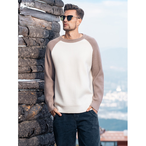 英爵倫 插肩袖毛衣男士秋冬新款撞色拼接針織衫長袖寬松圓領線衣