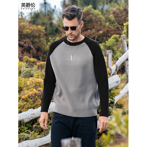 英爵倫 插肩袖毛衣男士秋冬新款撞色拼接針織衫長袖寬松圓領線衣