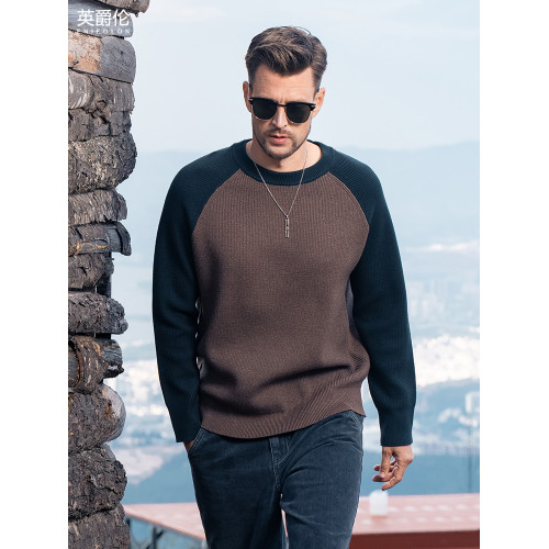 英爵倫 插肩袖毛衣男士秋冬新款撞色拼接針織衫長袖寬松圓領線衣