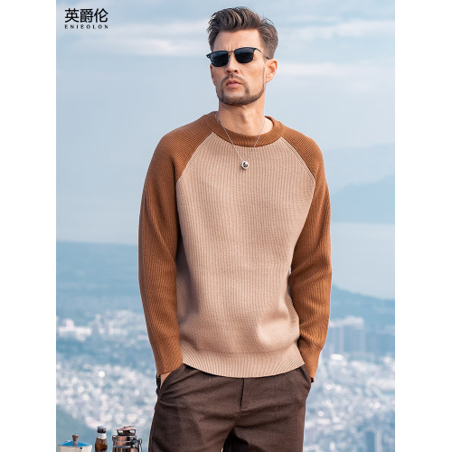 英爵倫 插肩袖毛衣男士秋冬新款撞色拼接針織衫長袖寬松圓領線衣