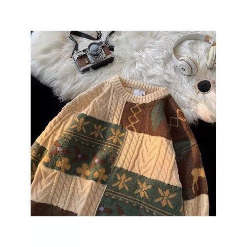 復古撞色毛衣男聖誕潮流大碼慵懶高級寬松外穿情侶百搭針織衫秋冬