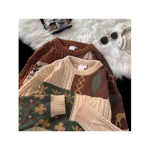 復古撞色毛衣男聖誕潮流大碼慵懶高級寬松外穿情侶百搭針織衫秋冬