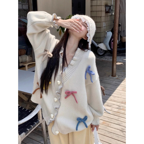 2025秋冬新款韓版寬松慵懶風蝴蝶結針織毛衣女設計感小衆上衣 2025秋冬新款韓版寬松慵懶風蝴蝶結針織毛衣女設計感小衆上衣