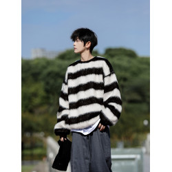 美式紅色條紋馬海毛毛衣男冬季寬松慵懶高級感加厚圓領針織衫外套