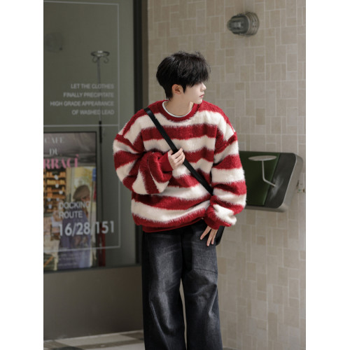 美式紅色條紋馬海毛毛衣男冬季寬松慵懶高級感加厚圓領針織衫外套